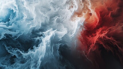 A red and blue cloud forms a chaotic storm of liquid smoke, depicted in highly detailed digital art with dramatic swirling clouds.