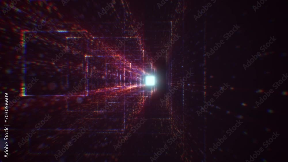 Poster abstract digital tunnel in cyberspace consisting of particles. virtual space consisting of a bright 