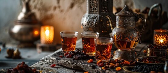 Focus on traditional Arabic tea and dried fruits.