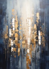 An abstract illustration of a city in gold metallic paint with blue background. 