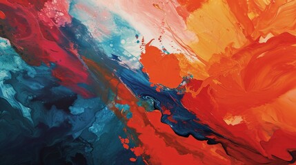 A vibrant painting showcases strong blue and orange colors, with intricate flowing paint creating colorful swirls in an abstract style.