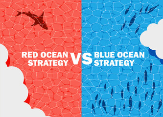 Illustration of Red Ocean and Blue Ocean Strategy Concept business marketing presentation. Blue Ocean compares with Red Ocean. Top view Ocean. Business Opportunity Presentation Strategies.