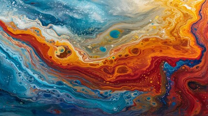 An abstract liquid acrylic art piece depicts a wave, with intricate flowing paint creating colorful swirls in a fluid acrylic pour.