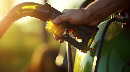 Closeup of a farmers hand adjusting a biofuel pump on a tractor. - obrazy, fototapety, plakaty