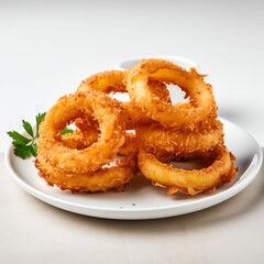 a small plate of delicious onion rings, positioned square to the camera, white background, shot from a very low angle