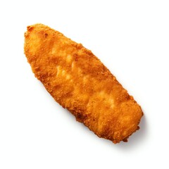 a photoshoot of fried crispy fish filet, isolated on a white background fro top view, in a studio light setup