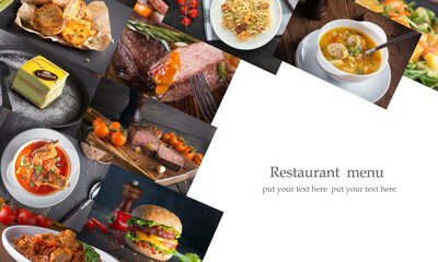 Culinary photo collage of main dishes and desserts for the cafe and restaurant menu.