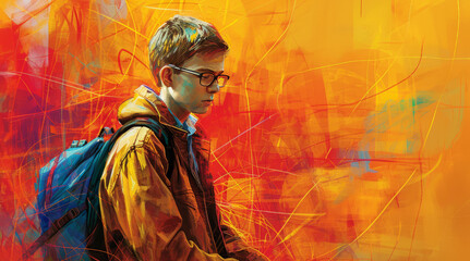 A vibrant digital painting presents a boy with a backpack sitting on a bench, creating an expressive artwork.