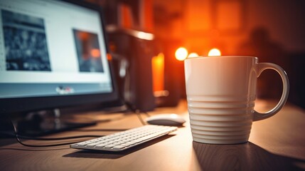 Closeup of a branded coffee mug next to a computer keyboard, essential for staying alert during a podcast recording.