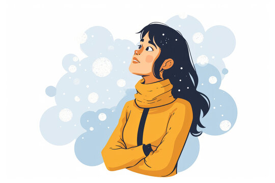 A cartoon-style illustration depicts a woman in a yellow jacket looking up at the sky on a snowy day.