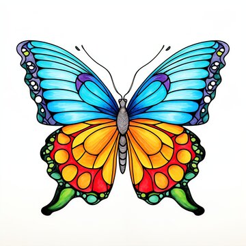 a butterfly simple line art, cartoon style, coloured with crayons