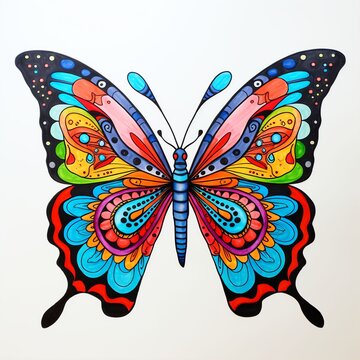 a butterfly simple line art, cartoon style, coloured with crayons