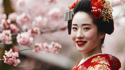 Portrait of a smiling Japanese geisha with blossoming cherry trees in the background
