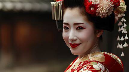 Portrait of a smiling Japanese geisha inside a machiya