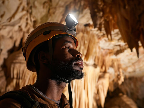 Caving Man with Orange Helmet and Black Beard in Cavern with Cave Formations, Caver Exploring Underground