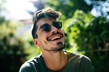 Backlit Headshot of a smiling young man wearing sunglasses - obrazy, fototapety, plakaty