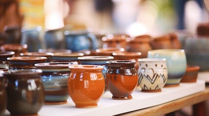 Closeup of handcrafted pottery and ceramics on display at a local artisan market.