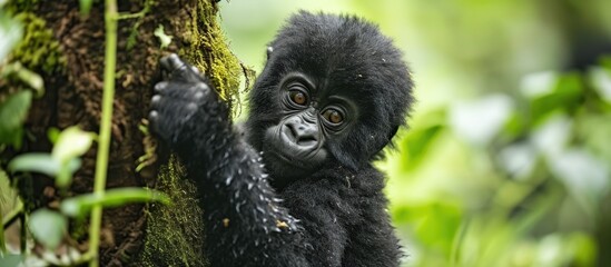 Obraz premium Adorable baby gorilla clings to tree in Bwindi Impenetrable National Park.