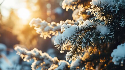 Charming winter scene of a beautiful natural landscape with close-up pine tree branches 
covered in snow. - obrazy, fototapety, plakaty
