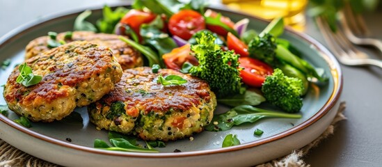 Vegan lunch plate with broccoli and quinoa burgers and salad, set on a table. - obrazy, fototapety, plakaty