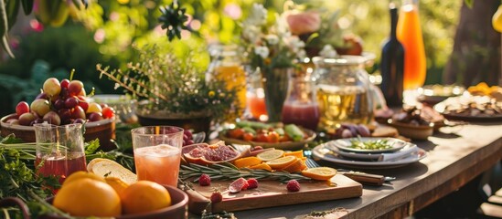 Summer brunch party outdoors in a backyard with appetizers, rose, fresh drinks, and organic veggies. - obrazy, fototapety, plakaty