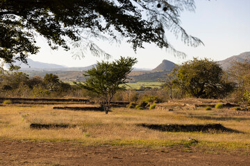 Afternoon view of the ancient ball court of Guachimontones, dating back over 2300 years old, found above the city of Teuchitlán, Jalisco, Mexico.