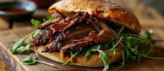 Smoked British beef brisket with barbecue sauce, on a bun with watercress leaves. - obrazy, fototapety, plakaty