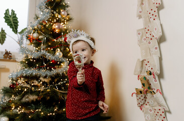 One little girl in a white tiara holds a chocolate Santa Claus near the Christmas tree.