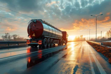Foto op Canvas Logistic hydrogen tank on semi trailer truck out for deliver. Truck transporting gas or green hydrogen © rufous