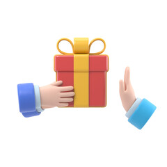 Refusal of gift. No corruption concept. Rejecting proposal. Man holding in hand gift box with ribbon. Gesture rejects the proposal. Supports PNG files with transparent backgrounds.
