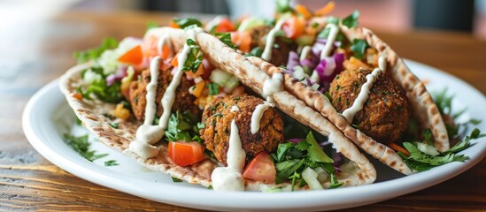 Gluten-free pita filled with flavorful chickpea falafel, chopped salad, and tahini drizzle. - obrazy, fototapety, plakaty