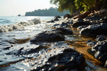 Obraz premium crude oil on oil spill accident on Ao Prao Beach at Samet island