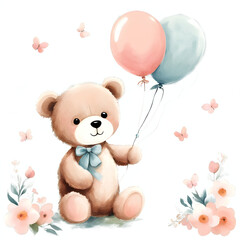 Teddy with balloons and flowers cartoon on transparent background