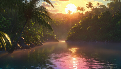 Fototapeta premium Picturesque Nature Illustration of a Humid Tropical Jungle and River in a Spring Evening Sunset, Realistic and Professional High-Quality Artwork. Generative AI