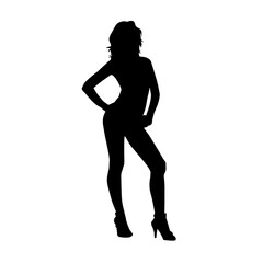 Silhouette of a young slim female model in tight outfit. Silhouette of a slim woman in feminine pose.
