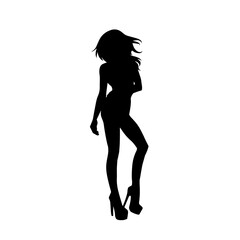 Silhouette of a young slim female model in tight outfit. Silhouette of a slim woman in feminine pose.
