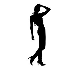 Silhouette of a young slim female model in tight outfit. Silhouette of a slim woman in feminine pose.
