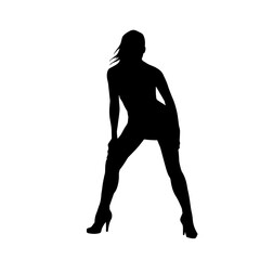 Silhouette of a young slim female model in tight outfit. Silhouette of a slim woman in feminine pose.