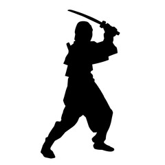 Silhouette of a male fighter in martial art costume carrying samurai sword weapon. 