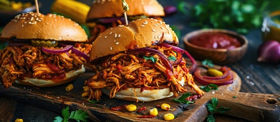 Traditional American grilled summer bbq sandwiches: Pulled chicken with onions, corn, pickles, peppers, buns, and tomato sauce.