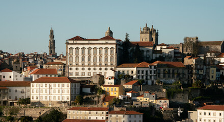 Fototapeta na wymiar Episcopal Palace, Porto Cathedral, Clérigos Church Tower, Porto Skyline, Portugal