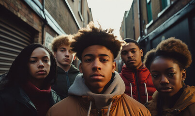 Urban Attitude: African American Friends Together, Exuding Strong and Serious Gangster Vibes in the Streets of the Ghetto - obrazy, fototapety, plakaty