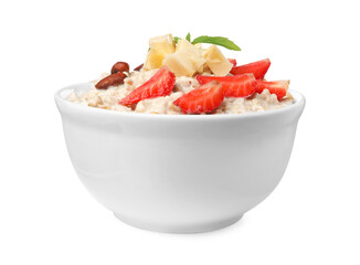 Tasty boiled oatmeal with strawberries, banana and almonds in bowl isolated on white