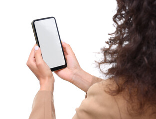 Woman holding smartphone with blank screen isolated on white, closeup. Mockup for design