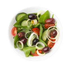 Bowl of tasty salad with leek and olives isolated on white, top view