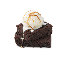 Tasty brownies with ice cream and caramel sauce isolated on white