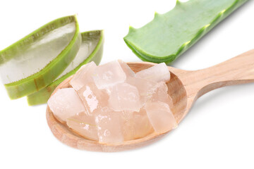 Aloe vera gel in spoon and slices of plant isolated on white, closeup