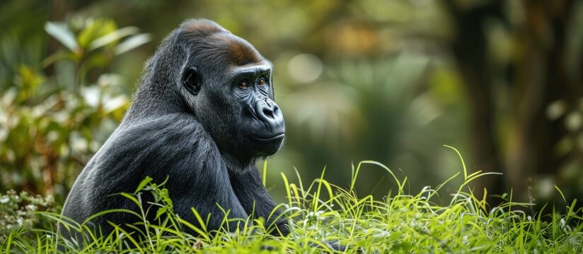 Gorilla gorilla, a mammal, on grass.
