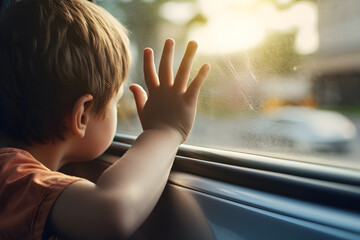 child boy looking out car window. Alone in the car. copy space. - obrazy, fototapety, plakaty