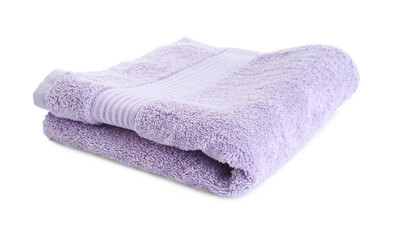 Folded violet terry towel isolated on white